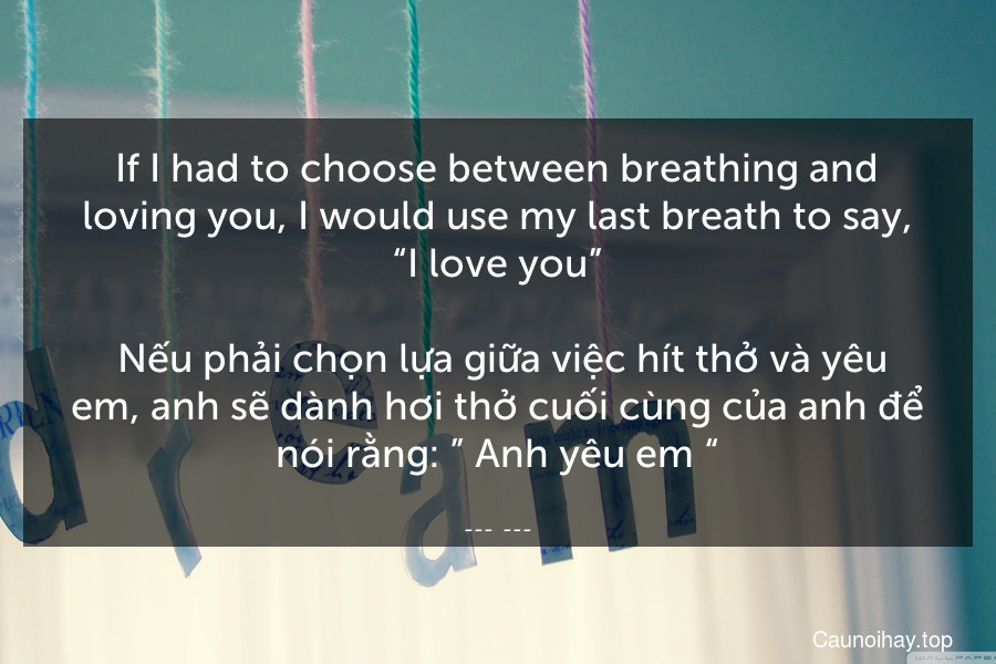 If I had to choose between breathing and loving you, I would use my last breath to say, “I love you”.
 Nếu phải chọn lựa giữa việc hít thở và yêu em, anh sẽ dành hơi thở cuối cùng của anh để nói rằng: ” Anh yêu em “.