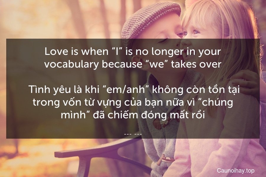 Love is when “I” is no longer in your vocabulary because “we” takes over.
 Tình yêu là khi “em/anh” không còn tồn tại trong vốn từ vựng của bạn nữa vì “chúng mình” đã chiếm đóng mất rồi.