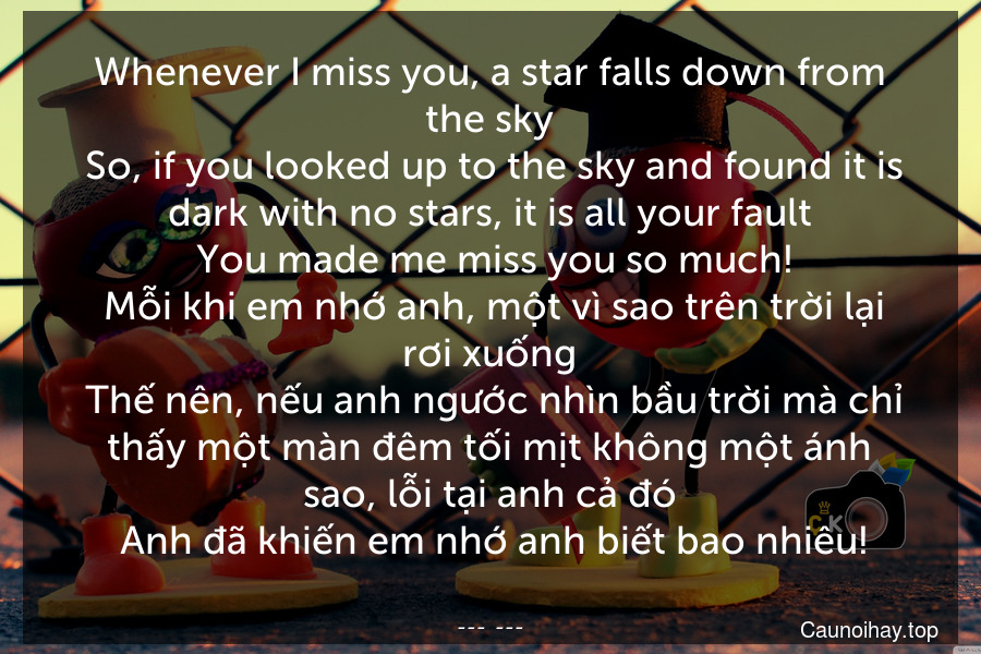 Whenever I miss you, a star falls down from the sky. So, if you looked up to the sky and found it is dark with no stars, it is all your fault. You made me miss you so much!
 Mỗi khi em nhớ anh, một vì sao trên trời lại rơi xuống. Thế nên, nếu anh ngước nhìn bầu trời mà chỉ thấy một màn đêm tối mịt không một ánh sao, lỗi tại anh cả đó. Anh đã khiến em nhớ anh biết bao nhiêu!