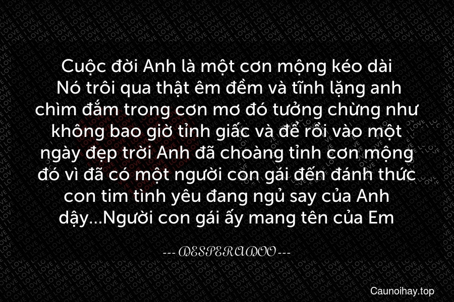 Cuộc đời Anh là một cơn mộng kéo dài. Nó trôi qua thật êm đềm và tĩnh lặng anh chìm đắm trong cơn mơ đó tưởng chừng như không bao giờ tỉnh giấc và để rồi vào một ngày đẹp trời Anh đã choàng tỉnh cơn mộng đó vì đã có một người con gái đến đánh thức con tim tình yêu đang ngủ say của Anh dậy…Người con gái ấy mang tên của Em.