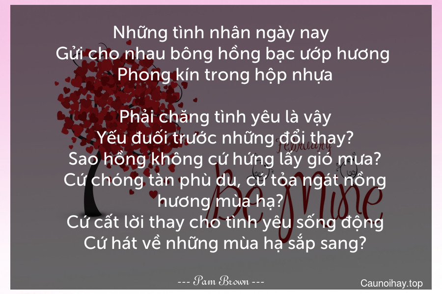 Những tình nhân ngày nay
  Gửi cho nhau bông hồng bạc ướp hương 
  Phong kín trong hộp nhựa.
  Phải chăng tình yêu là vậy
  Yếu đuối trước những đổi thay?
  Sao hồng không cứ hứng lấy gió mưa?
  Cứ chóng tàn phù du, cứ tỏa ngát nồng hương mùa hạ?
  Cứ cất lời thay cho tình yêu sống động
  Cứ hát về những mùa hạ sắp sang?