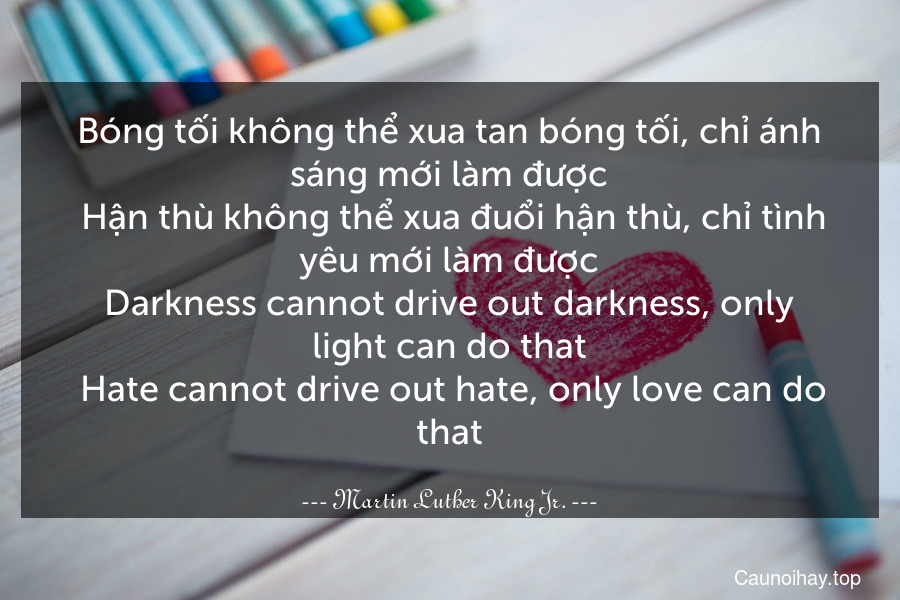 Bóng tối không thể xua tan bóng tối, chỉ ánh sáng mới làm được. Hận thù không thể xua đuổi hận thù, chỉ tình yêu mới làm được.
Darkness cannot drive out darkness, only light can do that. Hate cannot drive out hate, only love can do that.