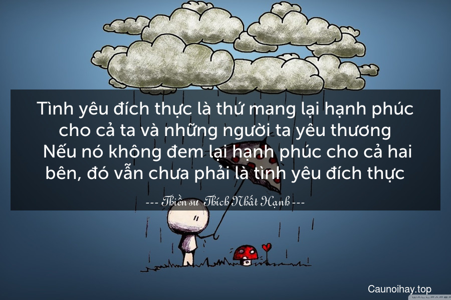 Tình yêu đích thực là thứ mang lại hạnh phúc cho cả ta và những người ta yêu thương. Nếu nó không đem lại hạnh phúc cho cả hai bên, đó vẫn chưa phải là tình yêu đích thực.