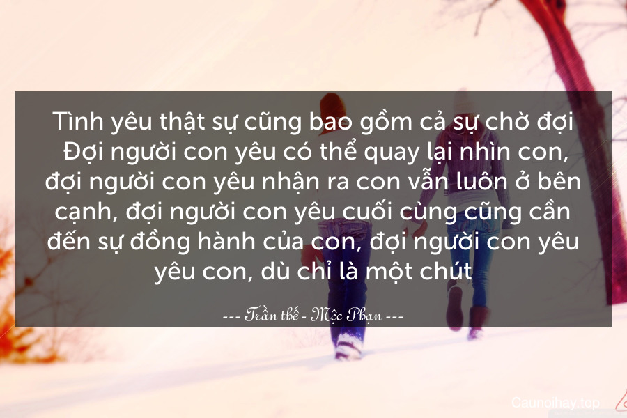 Tình yêu thật sự cũng bao gồm cả sự chờ đợi. Đợi người con yêu có thể quay lại nhìn con, đợi người con yêu nhận ra con vẫn luôn ở bên cạnh, đợi người con yêu cuối cùng cũng cần đến sự đồng hành của con, đợi người con yêu yêu con, dù chỉ là một chút.