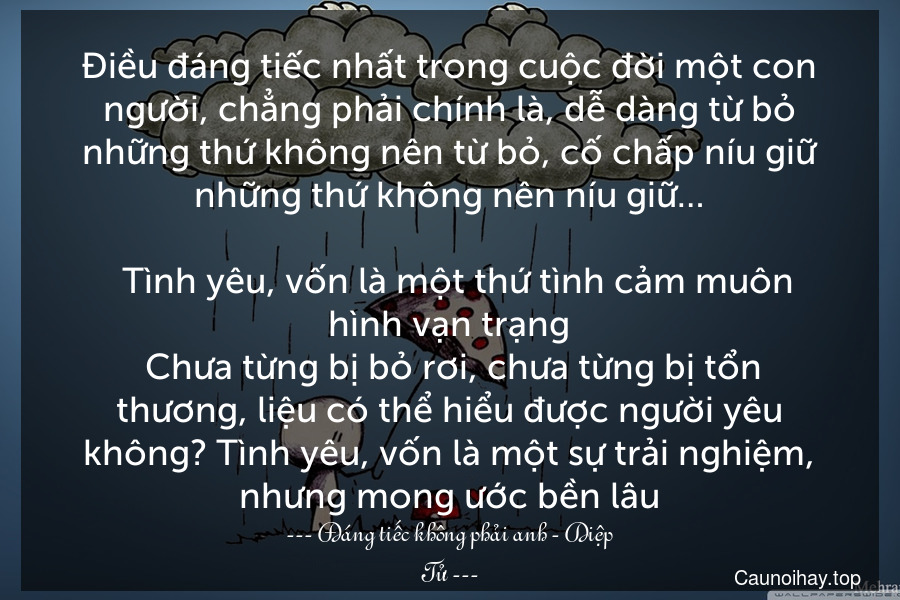 Điều đáng tiếc nhất trong cuộc đời một con người, chẳng phải chính là, dễ dàng từ bỏ những thứ không nên từ bỏ, cố chấp níu giữ những thứ không nên níu giữ…

  Tình yêu, vốn là một thứ tình cảm muôn hình vạn trạng. Chưa từng bị bỏ rơi, chưa từng bị tổn thương, liệu có thể hiểu được người yêu không? Tình yêu, vốn là một sự trải nghiệm, nhưng mong ước bền lâu.