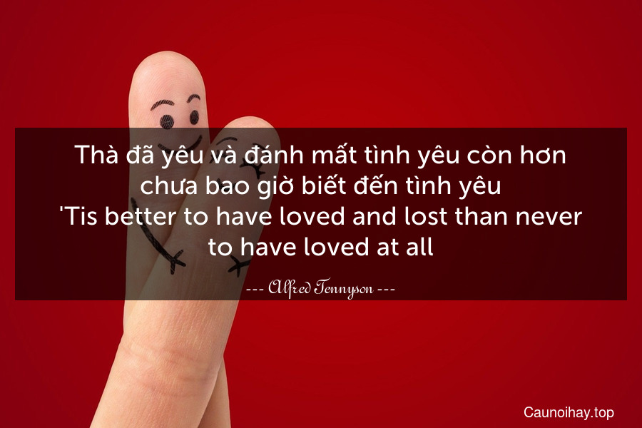 Thà đã yêu và đánh mất tình yêu còn hơn chưa bao giờ biết đến tình yêu.
'Tis better to have loved and lost than never to have loved at all.