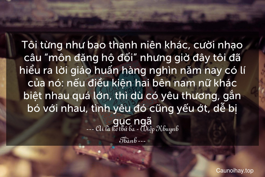 Tôi từng như bao thanh niên khác, cười nhạo câu “môn đăng hộ đối” nhưng giờ đây tôi đã hiểu ra lời giáo huấn hàng nghìn năm nay có lí của nó: nếu điều kiện hai bên nam nữ khác biệt nhau quá lớn, thì dù có yêu thương, gắn bó với nhau, tình yêu đó cũng yếu ớt, dễ bị gục ngã.