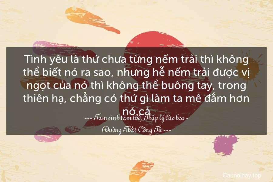 Tình yêu là thứ chưa từng nếm trải thì không thể biết nó ra sao, nhưng hễ nếm trải được vị ngọt của nó thì không thể buông tay, trong thiên hạ, chẳng có thứ gì làm ta mê đắm hơn nó cả.