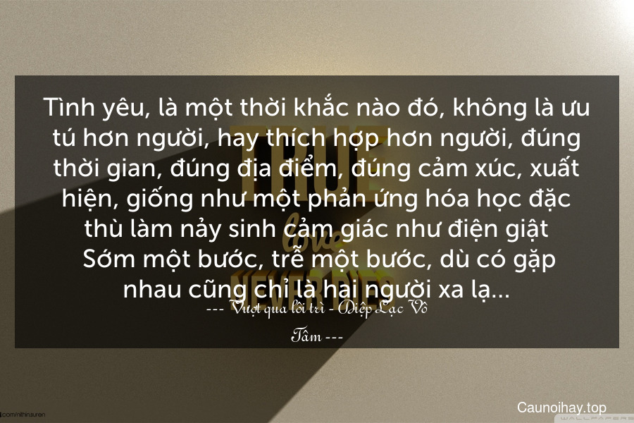 Tình yêu, là một thời khắc nào đó, không là ưu tú hơn người, hay thích hợp hơn người, đúng thời gian, đúng địa điểm, đúng cảm xúc, xuất hiện, giống như một phản ứng hóa học đặc thù làm nảy sinh cảm giác như điện giật. Sớm một bước, trễ một bước, dù có gặp nhau cũng chỉ là hai người xa lạ…