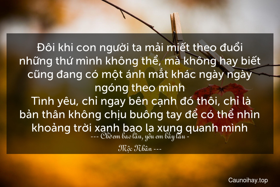 Đôi khi con người ta mải miết theo đuổi những thứ mình không thể, mà không hay biết cũng đang có một ánh mắt khác ngày ngày ngóng theo mình. Tình yêu, chỉ ngay bên cạnh đó thôi, chỉ là bản thân không chịu buông tay để có thể nhìn khoảng trời xanh bao la xung quanh mình.