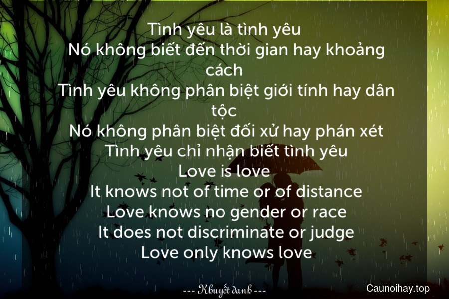 Tình yêu là tình yêu. Nó không biết đến thời gian hay khoảng cách. Tình yêu không phân biệt giới tính hay dân tộc. Nó không phân biệt đối xử hay phán xét. Tình yêu chỉ nhận biết tình yêu.
Love is love. It knows not of time or of distance. Love knows no gender or race. It does not discriminate or judge. Love only knows love.