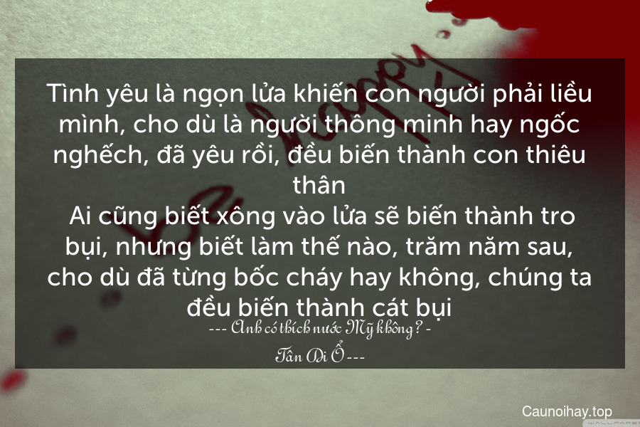 Tình yêu là ngọn lửa khiến con người phải liều mình, cho dù là người thông minh hay ngốc nghếch, đã yêu rồi, đều biến thành con thiêu thân. Ai cũng biết xông vào lửa sẽ biến thành tro bụi, nhưng biết làm thế nào, trăm năm sau, cho dù đã từng bốc cháy hay không, chúng ta đều biến thành cát bụi.