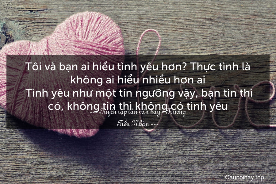 Tôi và bạn ai hiểu tình yêu hơn? Thực tình là không ai hiểu nhiều hơn ai. Tình yêu như một tín ngưỡng vậy, bạn tin thì có, không tin thì không có tình yêu.