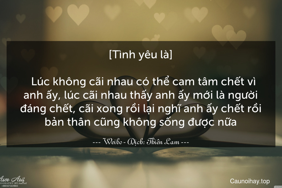 [Tình yêu là]

  Lúc không cãi nhau có thể cam tâm chết vì anh ấy, lúc cãi nhau thấy anh ấy mới là người đáng chết, cãi xong rồi lại nghĩ anh ấy chết rồi bản thân cũng không sống được nữa.