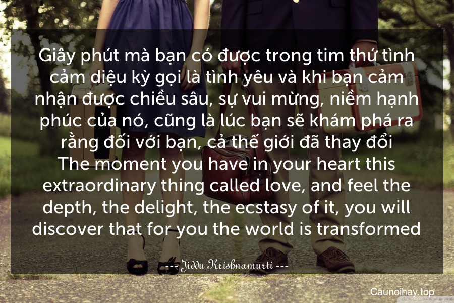 Giây phút mà bạn có được trong tim thứ tình cảm diệu kỳ gọi là tình yêu và khi bạn cảm nhận được chiều sâu, sự vui mừng, niềm hạnh phúc của nó, cũng là lúc bạn sẽ khám phá ra rằng đối với bạn, cả thế giới đã thay đổi.
The moment you have in your heart this extraordinary thing called love, and feel the depth, the delight, the ecstasy of it, you will discover that for you the world is transformed.