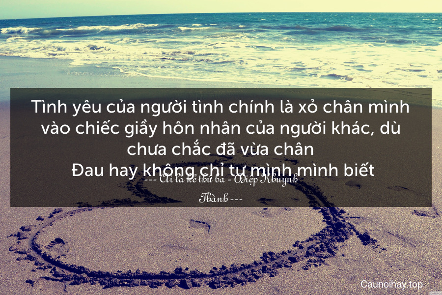 Tình yêu của người tình chính là xỏ chân mình vào chiếc giầy hôn nhân của người khác, dù chưa chắc đã vừa chân. Đau hay không chỉ tự mình mình biết.