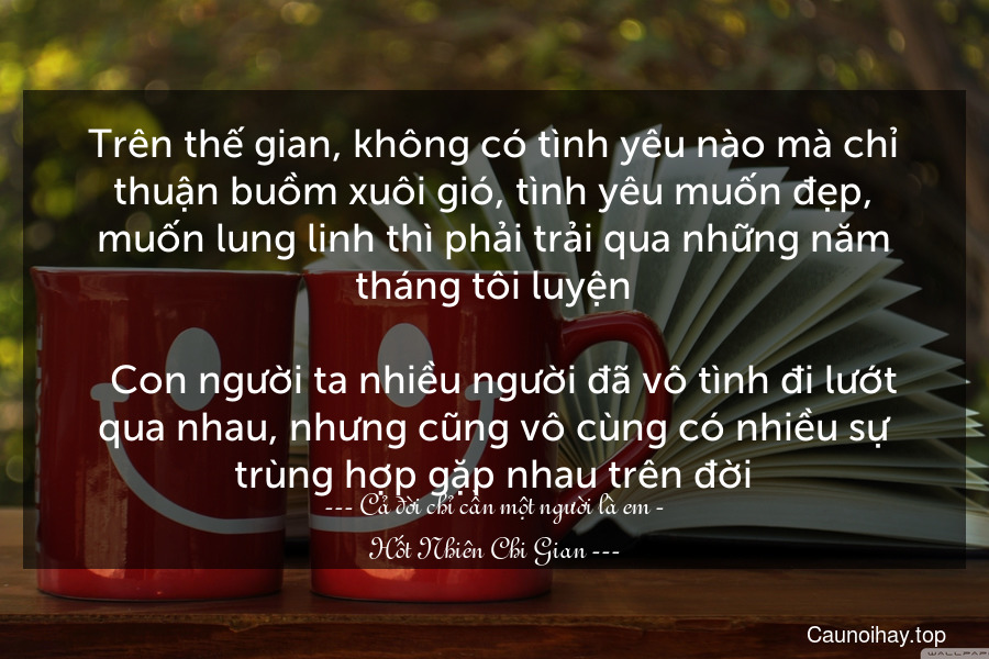 Trên thế gian, không có tình yêu nào mà chỉ thuận buồm xuôi gió, tình yêu muốn đẹp, muốn lung linh thì phải trải qua những năm tháng tôi luyện.
  Con người ta nhiều người đã vô tình đi lướt qua nhau, nhưng cũng vô cùng có nhiều sự trùng hợp gặp nhau trên đời.