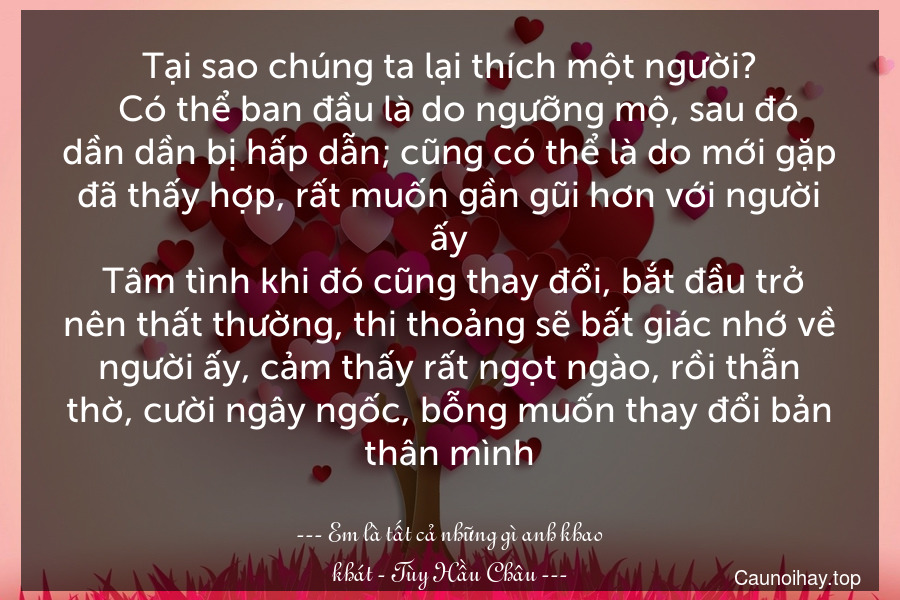 Tại sao chúng ta lại thích một người?
  Có thể ban đầu là do ngưỡng mộ, sau đó dần dần bị hấp dẫn; cũng có thể là do mới gặp đã thấy hợp, rất muốn gần gũi hơn với người ấy. Tâm tình khi đó cũng thay đổi, bắt đầu trở nên thất thường, thi thoảng sẽ bất giác nhớ về người ấy, cảm thấy rất ngọt ngào, rồi thẫn thờ, cười ngây ngốc, bỗng muốn thay đổi bản thân mình...