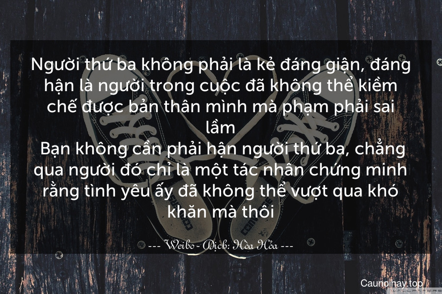 Người thứ ba không phải là kẻ đáng giận, đáng hận là người trong cuộc đã không thể kiềm chế được bản thân mình mà phạm phải sai lầm. Bạn không cần phải hận người thứ ba, chẳng qua người đó chỉ là một tác nhân chứng minh rằng tình yêu ấy đã không thể vượt qua khó khăn mà thôi.