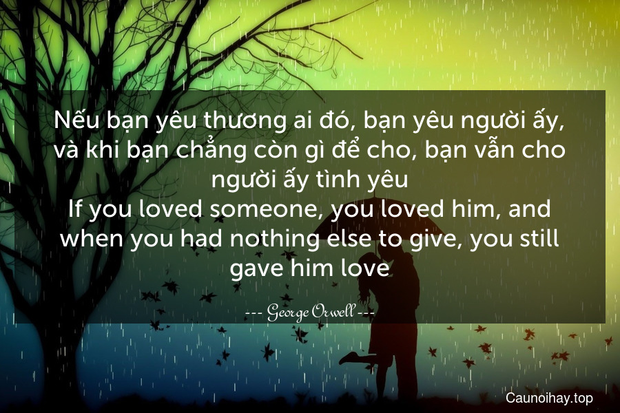 Nếu bạn yêu thương ai đó, bạn yêu người ấy, và khi bạn chẳng còn gì để cho, bạn vẫn cho người ấy tình yêu.
If you loved someone, you loved him, and when you had nothing else to give, you still gave him love.