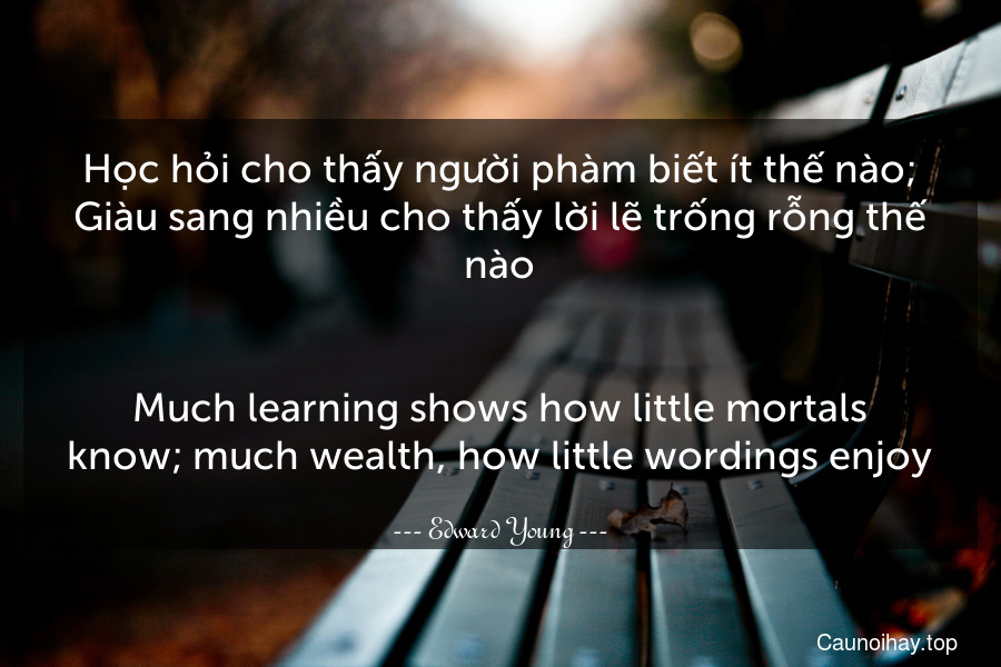 Học hỏi cho thấy người phàm biết ít thế nào; Giàu sang nhiều cho thấy lời lẽ trống rỗng thế nào.
-
Much learning shows how little mortals know; much wealth, how little wordings enjoy.