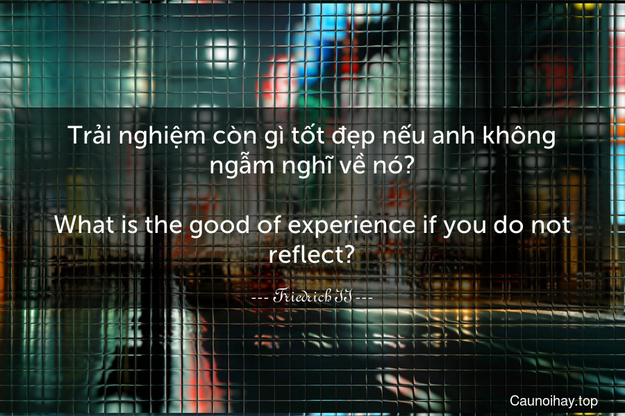 Trải nghiệm còn gì tốt đẹp nếu anh không ngẫm nghĩ về nó?
-
What is the good of experience if you do not reflect?