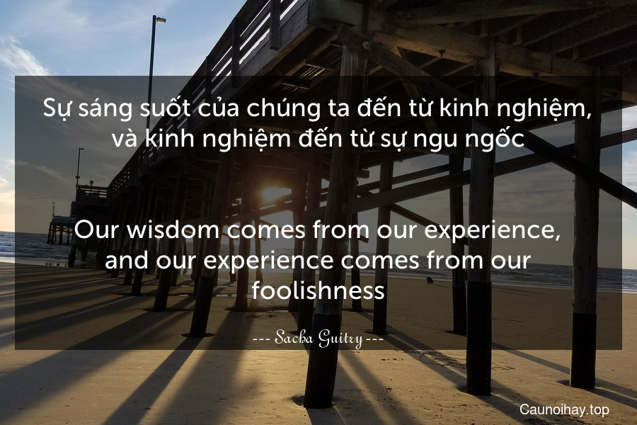 Sự sáng suốt của chúng ta đến từ kinh nghiệm, và kinh nghiệm đến từ sự ngu ngốc.
-
Our wisdom comes from our experience, and our experience comes from our foolishness.