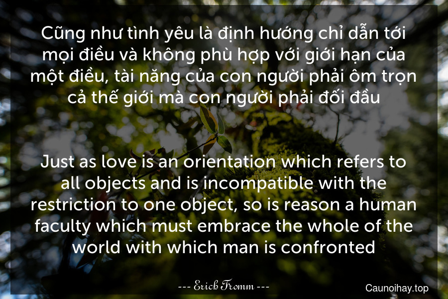 Cũng như tình yêu là định hướng chỉ dẫn tới mọi điều và không phù hợp với giới hạn của một điều, tài năng của con người phải ôm trọn cả thế giới mà con người phải đối đầu.
-
Just as love is an orientation which refers to all objects and is incompatible with the restriction to one object, so is reason a human faculty which must embrace the whole of the world with which man is confronted.