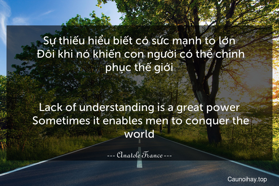 Sự thiếu hiểu biết có sức mạnh to lớn. Đôi khi nó khiến con người có thể chinh phục thế giới.
-
Lack of understanding is a great power. Sometimes it enables men to conquer the world.