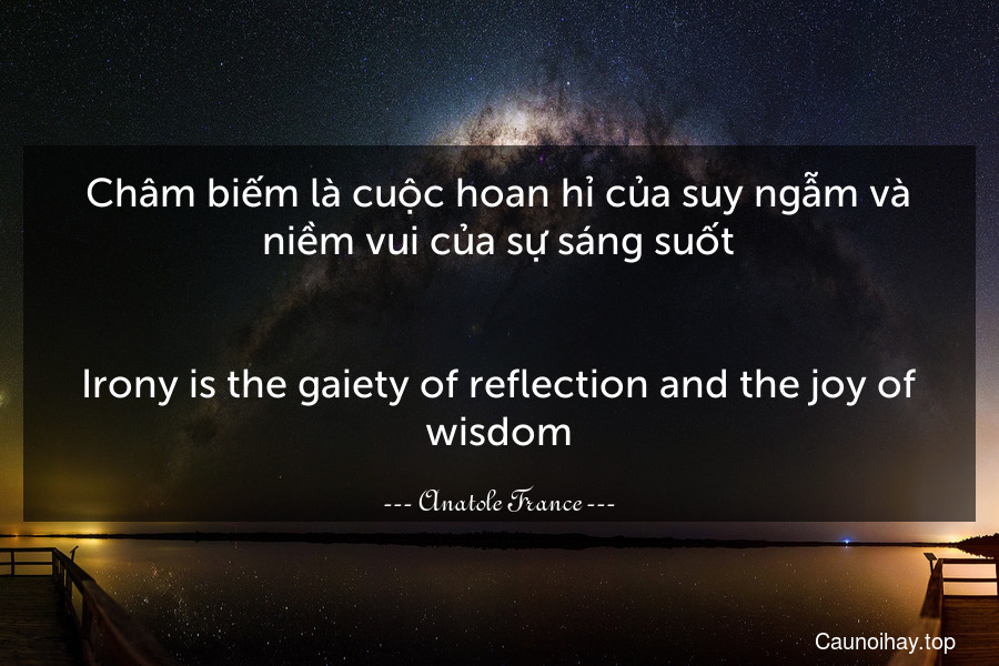 Châm biếm là cuộc hoan hỉ của suy ngẫm và niềm vui của sự sáng suốt.
-
Irony is the gaiety of reflection and the joy of wisdom.