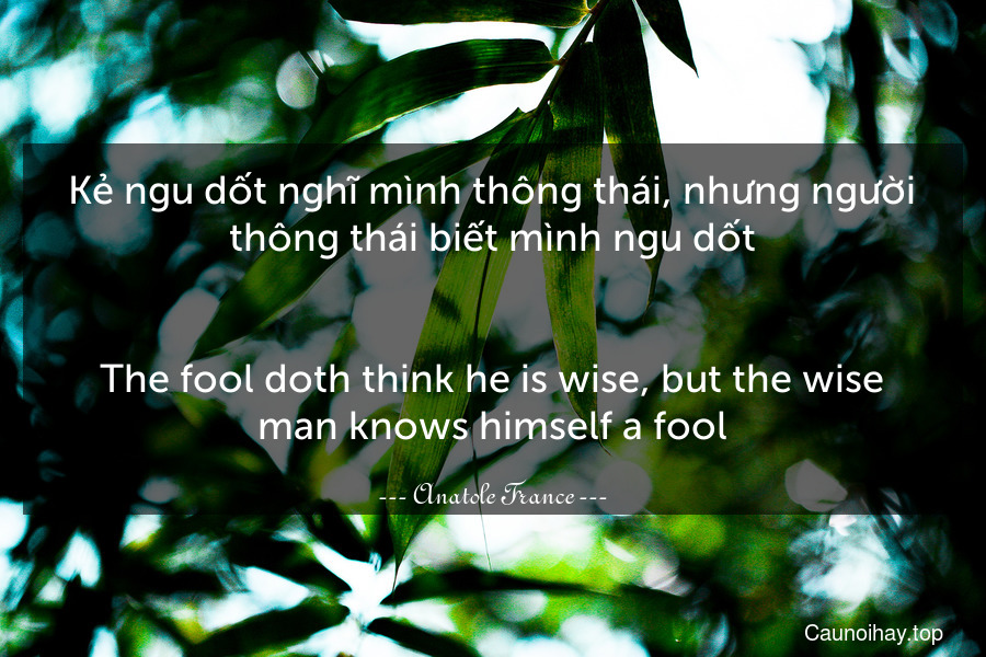 Kẻ ngu dốt nghĩ mình thông thái, nhưng người thông thái biết mình ngu dốt.
-
The fool doth think he is wise, but the wise man knows himself a fool.