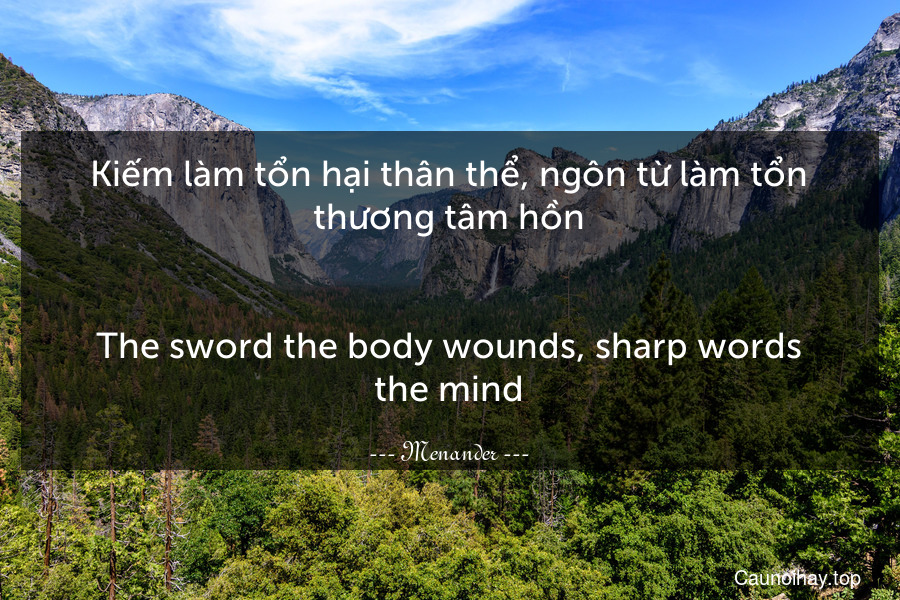 Kiếm làm tổn hại thân thể, ngôn từ làm tổn thương tâm hồn.
-
The sword the body wounds, sharp words the mind.