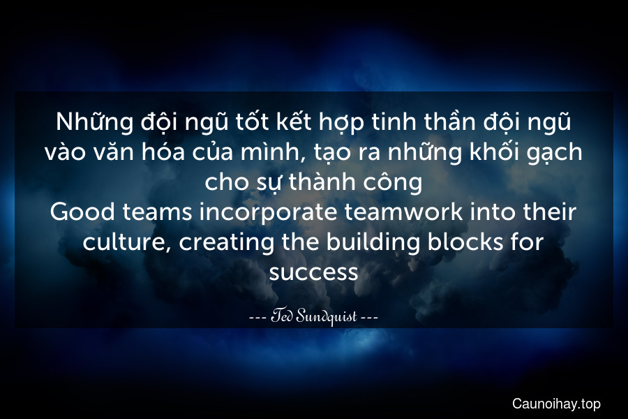 Những đội ngũ tốt kết hợp tinh thần đội ngũ vào văn hóa của mình, tạo ra những khối gạch cho sự thành công.
Good teams incorporate teamwork into their culture, creating the building blocks for success.