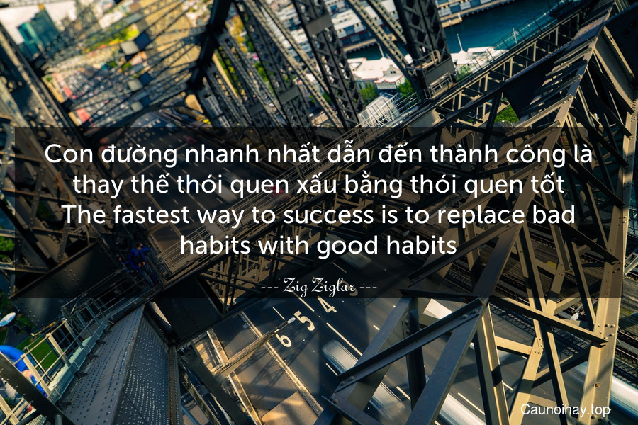 Con đường nhanh nhất dẫn đến thành công là thay thế thói quen xấu bằng thói quen tốt.
The fastest way to success is to replace bad habits with good habits.