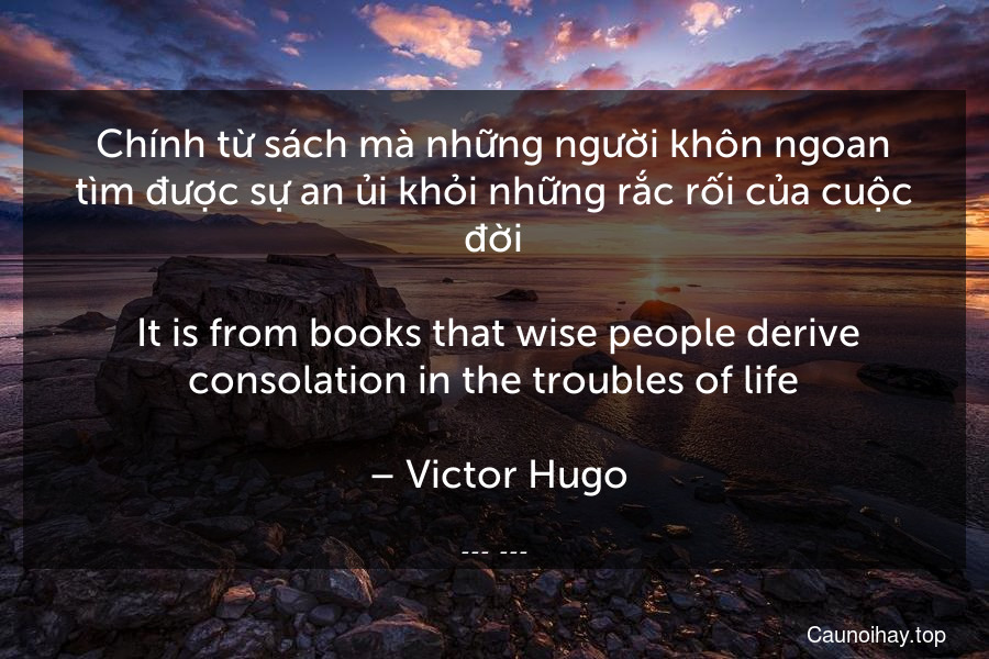 Chính từ sách mà những người khôn ngoan tìm được sự an ủi khỏi những rắc rối của cuộc đời.
 It is from books that wise people derive consolation in the troubles of life.
 – Victor Hugo