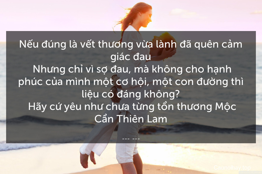 Nếu đúng là vết thương vừa lành đã quên cảm giác đau. Nhưng chỉ vì sợ đau, mà không cho hạnh phúc của mình một cơ hội, một con đường thì liệu có đáng không?
 Hãy cứ yêu như chưa từng tổn thương Mộc Cẩn Thiên Lam