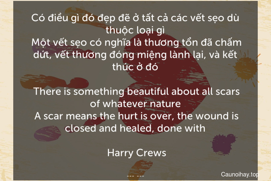 Có điều gì đó đẹp đẽ ở tất cả các vết sẹo dù thuộc loại gì. Một vết sẹo có nghĩa là thương tổn đã chấm dứt, vết thương đóng miệng lành lại, và kết thúc ở đó.
 There is something beautiful about all scars of whatever nature. A scar means the hurt is over, the wound is closed and healed, done with.
 Harry Crews