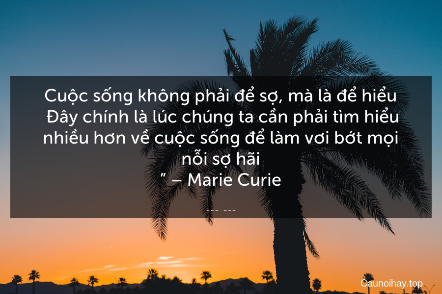 “Cuộc sống không phải để sợ, mà là để hiểu. Đây chính là lúc chúng ta cần phải tìm hiểu nhiều hơn về cuộc sống để làm vơi bớt mọi nỗi sợ hãi.” – Marie Curie